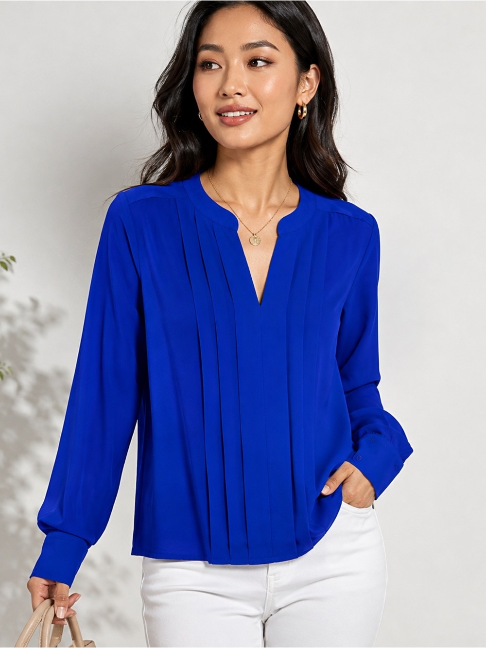 SHEIN Women's Royal Blue Pleated V-Neck Long Sleeve Chiffon Blouse